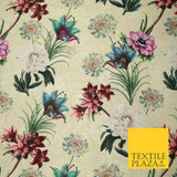 Cream Gold Floral Gardenia Digital Printed Corded Textured Brocade Fabric 7122