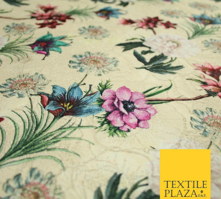 Cream Gold Floral Gardenia Digital Printed Corded Textured Brocade Fabric 7122