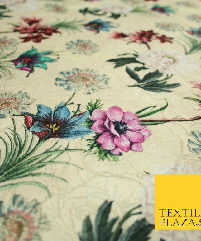 Cream Gold Floral Gardenia Digital Printed Corded Textured Brocade Fabric 7122