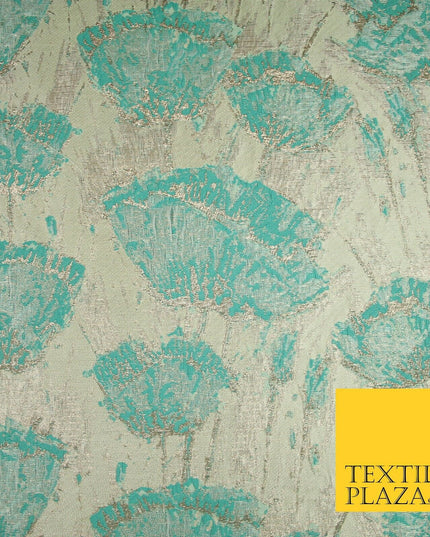 Aqua Champagne Gold Blooming Pansy Floral Metallic Textured Brocade Fabric 7123