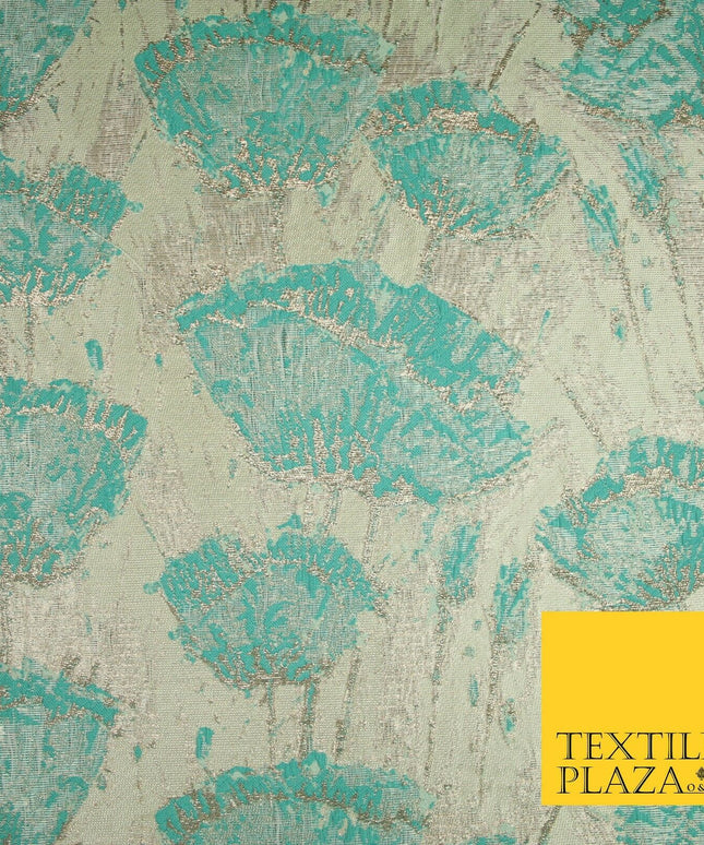 Aqua Champagne Gold Blooming Pansy Floral Metallic Textured Brocade Fabric 7123
