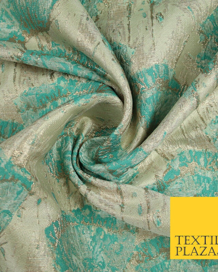 Aqua Champagne Gold Blooming Pansy Floral Metallic Textured Brocade Fabric 7123