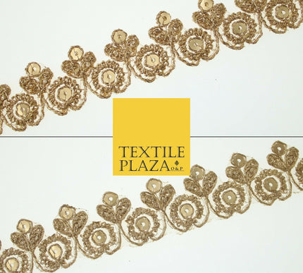 Gold Ornate Flower Sequin Zari Metallic Fancy Trim Border Ribbon Lace 2.5cm Wide