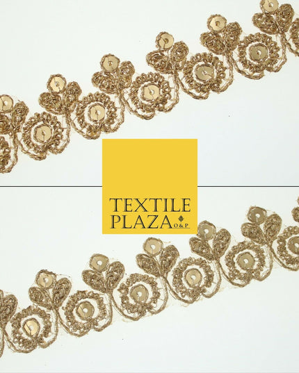 Gold Ornate Flower Sequin Zari Metallic Fancy Trim Border Ribbon Lace 2.5cm Wide
