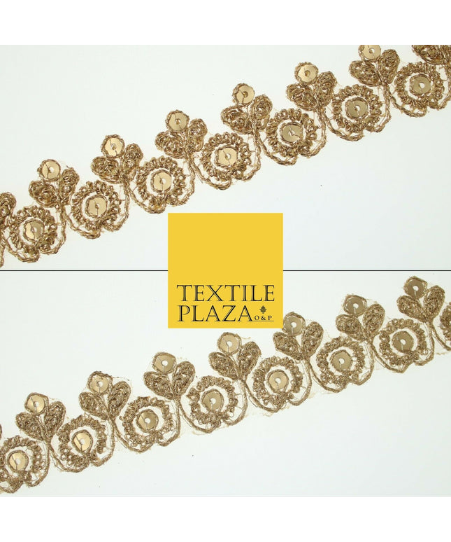 Gold Ornate Flower Sequin Zari Metallic Fancy Trim Border Ribbon Lace 2.5cm Wide
