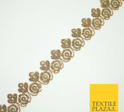 Gold Ornate Flower Sequin Zari Metallic Fancy Trim Border Ribbon Lace 2.5cm Wide