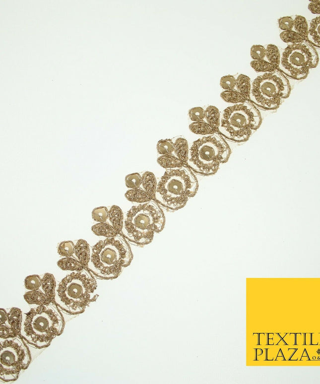 Gold Ornate Flower Sequin Zari Metallic Fancy Trim Border Ribbon Lace 2.5cm Wide
