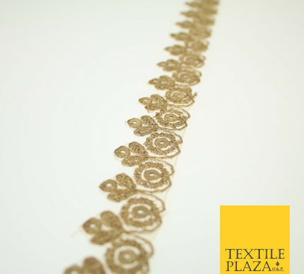 Gold Ornate Flower Sequin Zari Metallic Fancy Trim Border Ribbon Lace 2.5cm Wide
