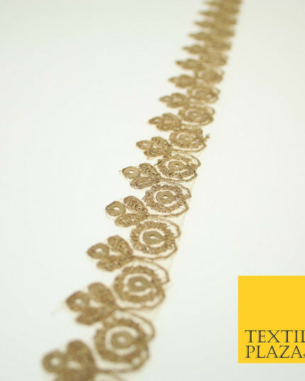 Gold Ornate Flower Sequin Zari Metallic Fancy Trim Border Ribbon Lace 2.5cm Wide