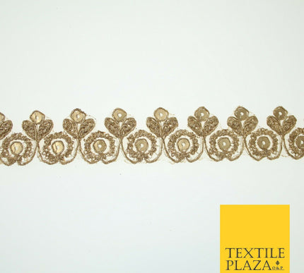 Gold Ornate Flower Sequin Zari Metallic Fancy Trim Border Ribbon Lace 2.5cm Wide