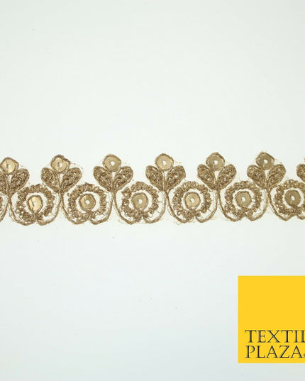 Gold Ornate Flower Sequin Zari Metallic Fancy Trim Border Ribbon Lace 2.5cm Wide