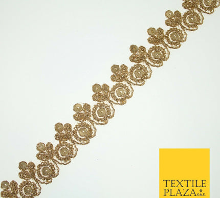 Gold Ornate Flower Sequin Zari Metallic Fancy Trim Border Ribbon Lace 2.5cm Wide