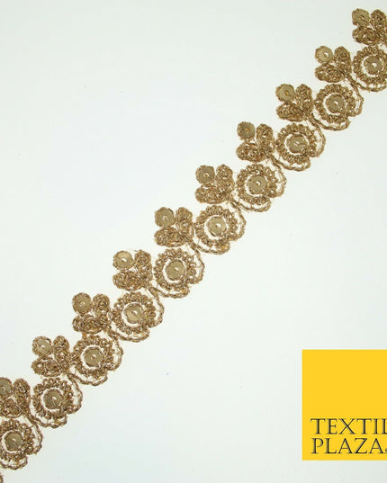 Gold Ornate Flower Sequin Zari Metallic Fancy Trim Border Ribbon Lace 2.5cm Wide