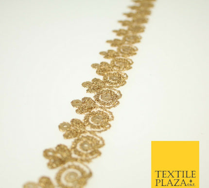 Gold Ornate Flower Sequin Zari Metallic Fancy Trim Border Ribbon Lace 2.5cm Wide