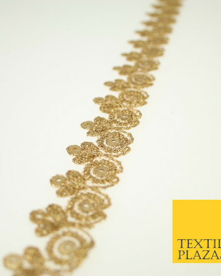 Gold Ornate Flower Sequin Zari Metallic Fancy Trim Border Ribbon Lace 2.5cm Wide