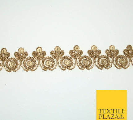 Gold Ornate Flower Sequin Zari Metallic Fancy Trim Border Ribbon Lace 2.5cm Wide