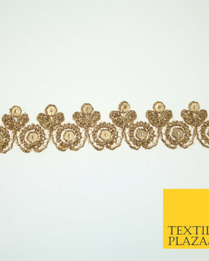 Gold Ornate Flower Sequin Zari Metallic Fancy Trim Border Ribbon Lace 2.5cm Wide