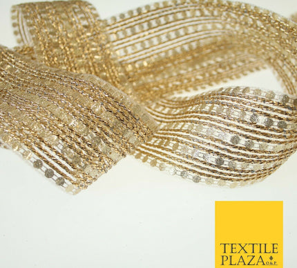 Gold Glitter Circle Sequin Mix Metallic Lines Trim Border Ribbon 5.5cm Wide X597