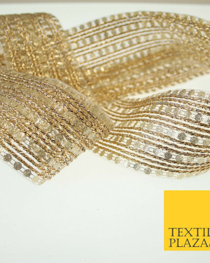 Gold Glitter Circle Sequin Mix Metallic Lines Trim Border Ribbon 5.5cm Wide X597