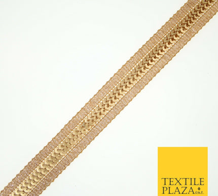 Gold Twin Row Matte Sequin Metallic Weave Zari Trim Border Ribbon Lace X581