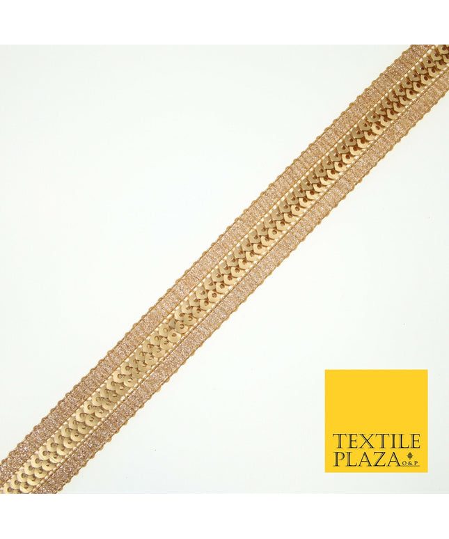 Gold Twin Row Matte Sequin Metallic Weave Zari Trim Border Ribbon Lace X581
