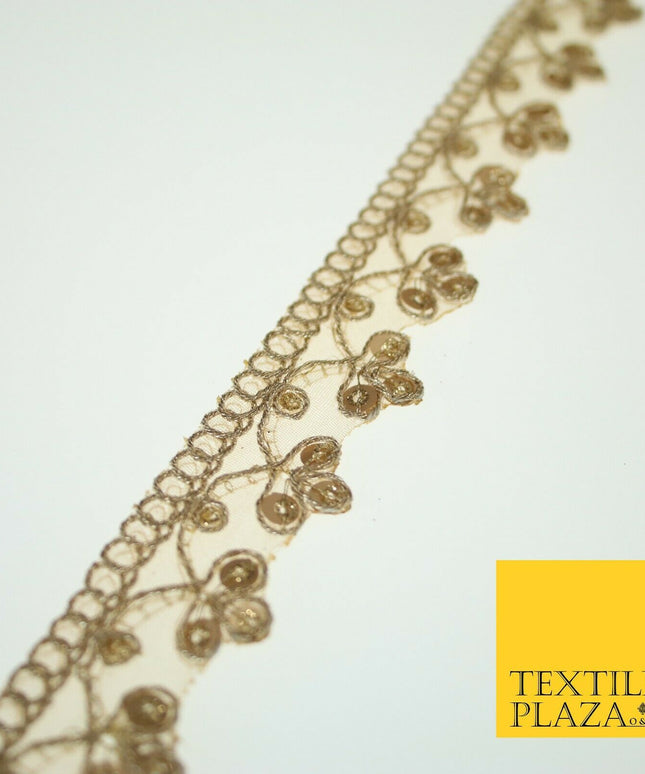 Gold Corded Matt Sequin Trio Ornate Net Trim Border Ribbon Lace 2cm Wide X565