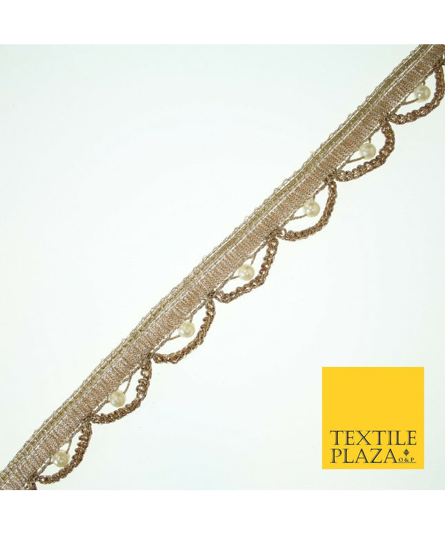 Biscuit Gold Pearl Rope Swag Scalloped Trim Border Ribbon Lace 2cm Wide X573