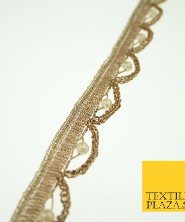 Biscuit Gold Pearl Rope Swag Scalloped Trim Border Ribbon Lace 2cm Wide X573
