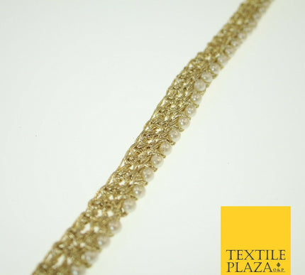 Gold Knotted Weave White Pearl Beaded Trim Border Ribbon Lace 1.5cm Wide X566