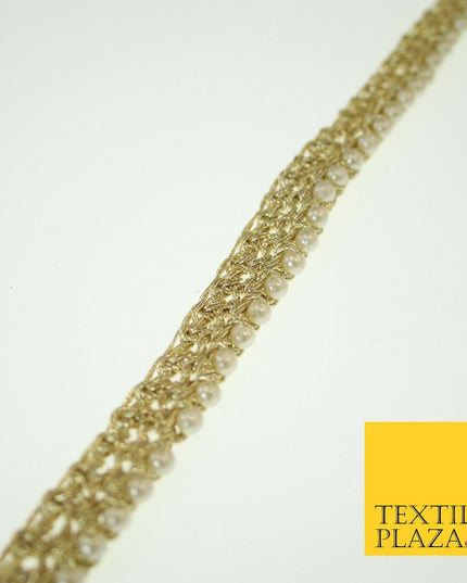 Gold Knotted Weave White Pearl Beaded Trim Border Ribbon Lace 1.5cm Wide X566