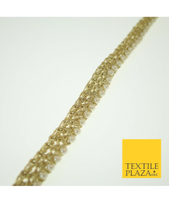 Gold Knotted Weave White Pearl Beaded Trim Border Ribbon Lace 1.5cm Wide X566