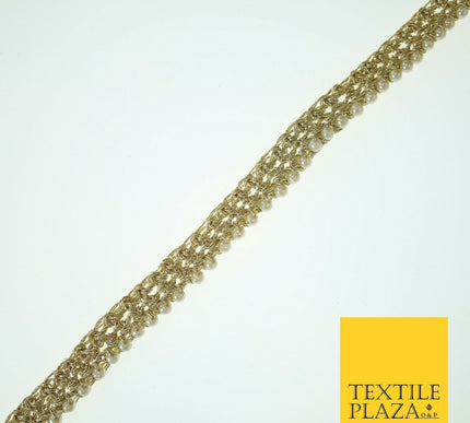 Gold Knotted Weave White Pearl Beaded Trim Border Ribbon Lace 1.5cm Wide X566