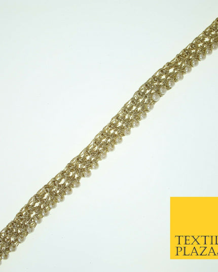 Gold Knotted Weave White Pearl Beaded Trim Border Ribbon Lace 1.5cm Wide X566