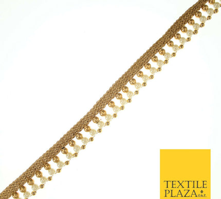 Gold & White Pearl Dual Layer Beaded Trim Border Ribbon Gota Lace 2cm Wide X555