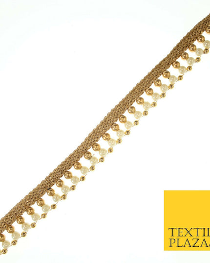 Gold & White Pearl Dual Layer Beaded Trim Border Ribbon Gota Lace 2cm Wide X555