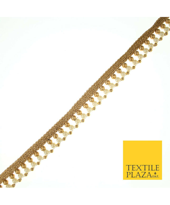 Gold & White Pearl Dual Layer Beaded Trim Border Ribbon Gota Lace 2cm Wide X555
