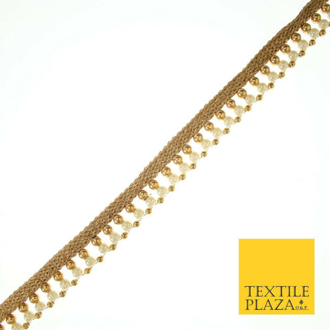 Gold & White Pearl Dual Layer Beaded Trim Border Ribbon Gota Lace 2cm Wide X555