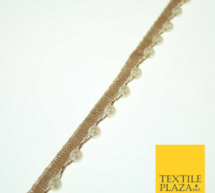 Wheat Gold Wavy White Pearl Beaded Trim Border Ribbon Gota Lace 1.5cm Wide X556