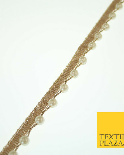 Wheat Gold Wavy White Pearl Beaded Trim Border Ribbon Gota Lace 1.5cm Wide X556