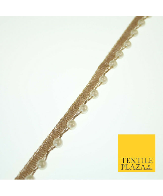 Wheat Gold Wavy White Pearl Beaded Trim Border Ribbon Gota Lace 1.5cm Wide X556
