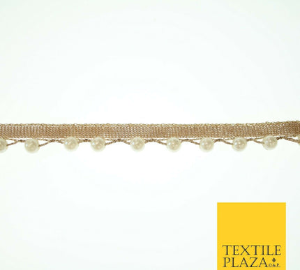 Wheat Gold Wavy White Pearl Beaded Trim Border Ribbon Gota Lace 1.5cm Wide X556