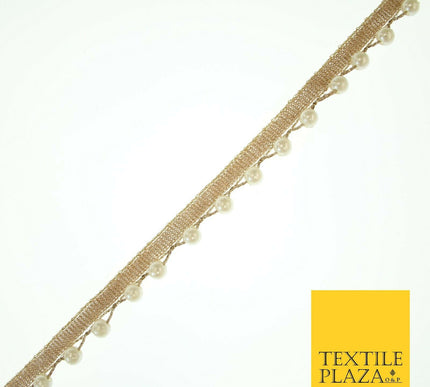 Wheat Gold Wavy White Pearl Beaded Trim Border Ribbon Gota Lace 1.5cm Wide X556