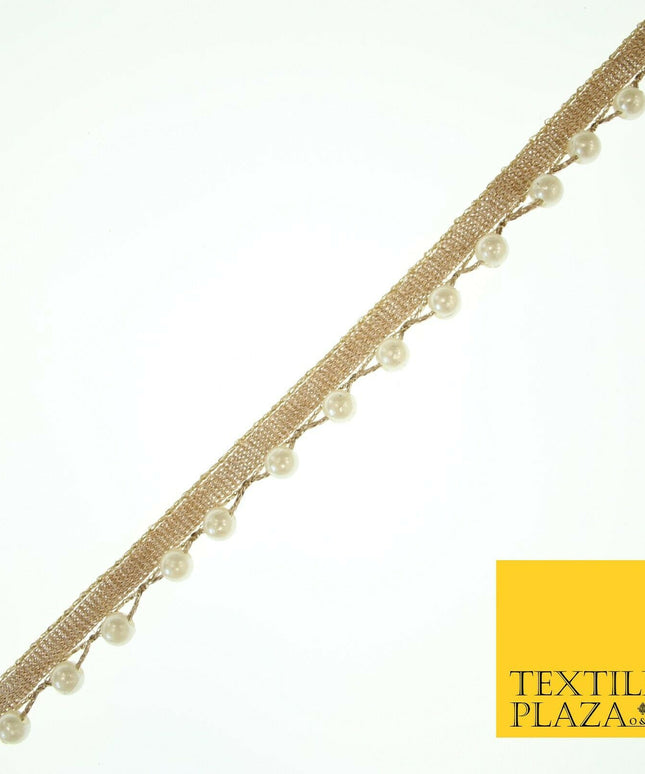 Wheat Gold Wavy White Pearl Beaded Trim Border Ribbon Gota Lace 1.5cm Wide X556