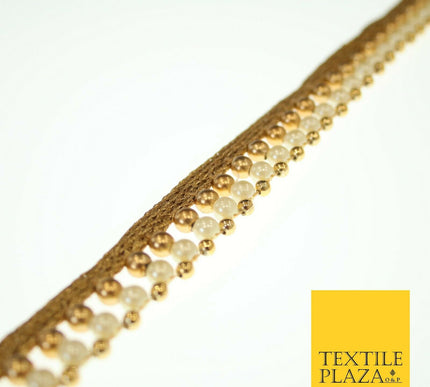 Gold & White Pearl Dual Layer Beaded Trim Border Ribbon Gota Lace 2cm Wide X555