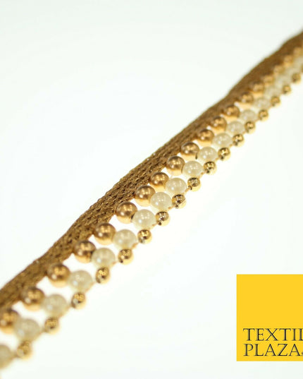 Gold & White Pearl Dual Layer Beaded Trim Border Ribbon Gota Lace 2cm Wide X555