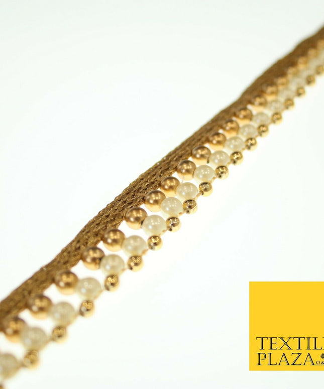 Gold & White Pearl Dual Layer Beaded Trim Border Ribbon Gota Lace 2cm Wide X555