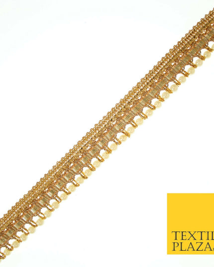 Gold Shimmer Metallic Ribbon & Pearl Trim Border Ribbon Gota Lace 2cm Wide X554