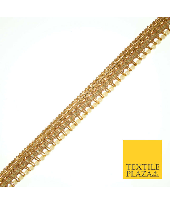 Gold Shimmer Metallic Ribbon & Pearl Trim Border Ribbon Gota Lace 2cm Wide X554