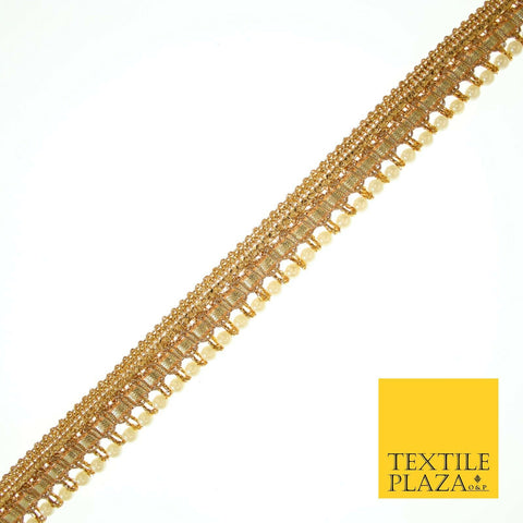 Gold Shimmer Metallic Ribbon & Pearl Trim Border Ribbon Gota Lace 2cm Wide X554