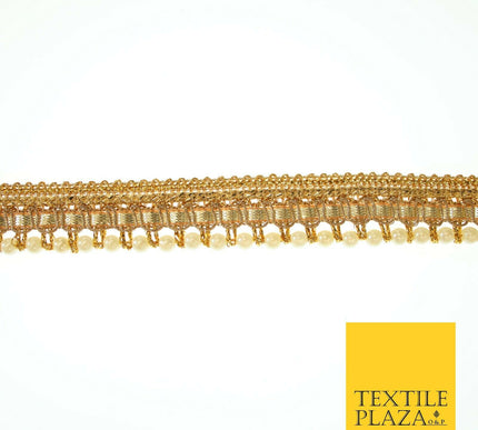 Gold Shimmer Metallic Ribbon & Pearl Trim Border Ribbon Gota Lace 2cm Wide X554